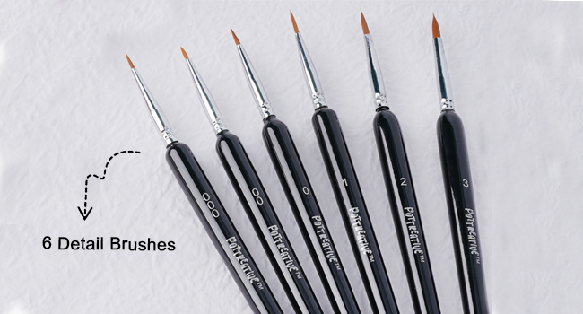 6 detail brushes in 50 solid watercolour kit