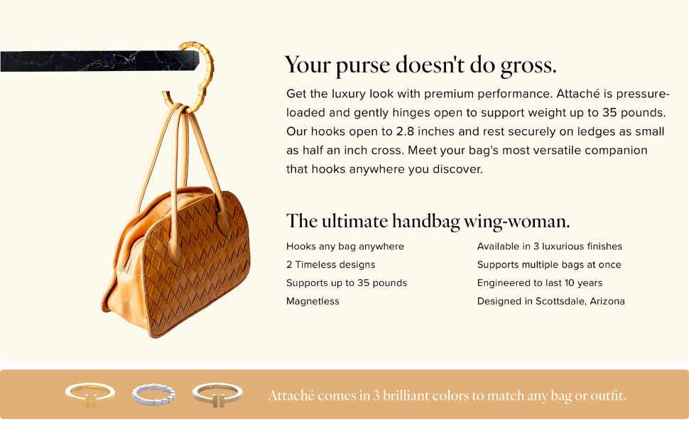 Elegant silver purse hook for handbags, non-slip grip, luxury travel accessory, Attaché purse hook