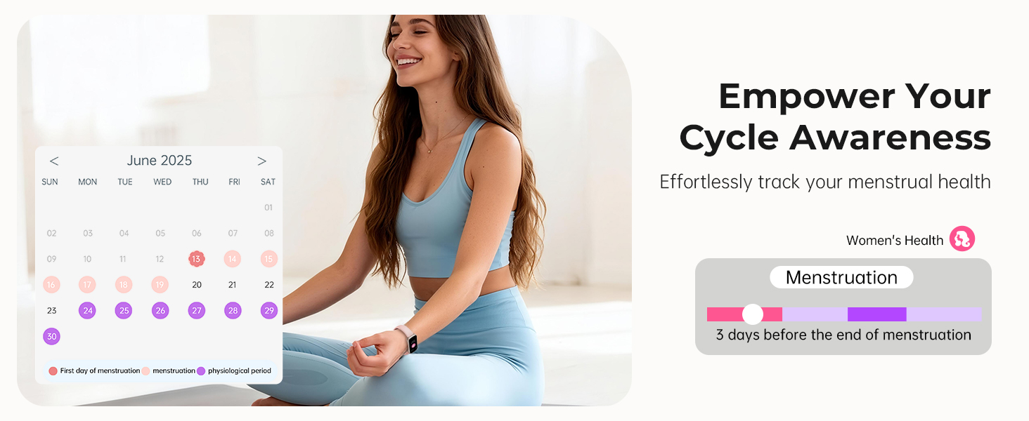 Text reads 'Empower Your Cycle Awareness'. Calendar or tracking app interface showing multiple screens with date views and colored indicators.
