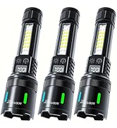 AODTOSIP 3 Pack 100,000LM High Lumens COB LED Flashlights,Super Bright Flash Light, Zoomable 5 Mo...