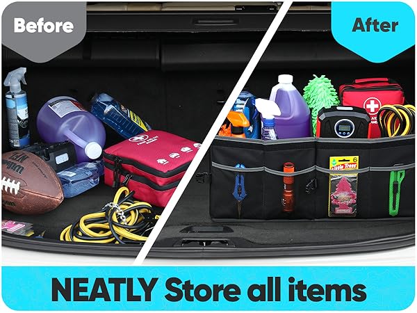 Organize your messy trunk, neat and tidy, universal fitment, car trunk storage, side pockets