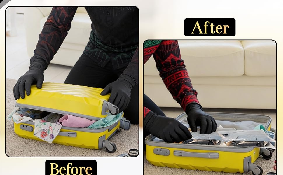 Before and after space saving using CasaZX vacuum storage bags in suitcase