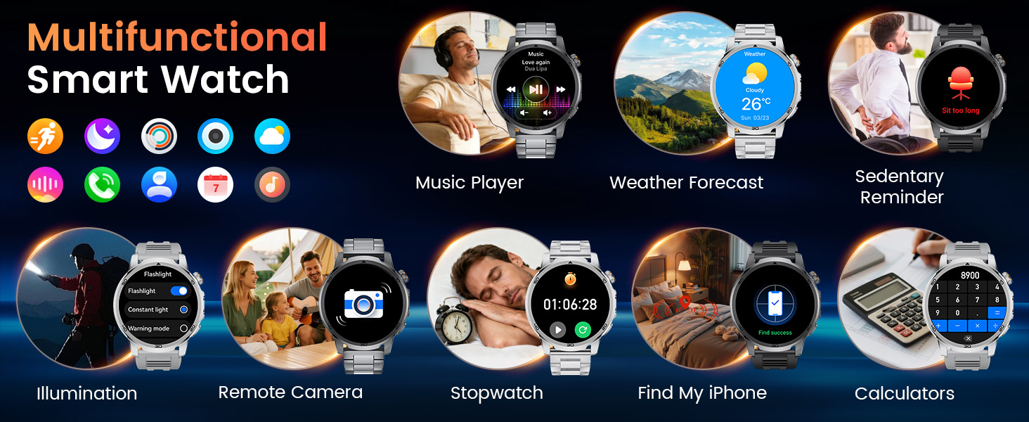 Text reads 'Multifunctional Smart Watch'. Circular smartwatch display showing various app icons and features including music player, weather, fitness tracking, and customizable watch faces.
