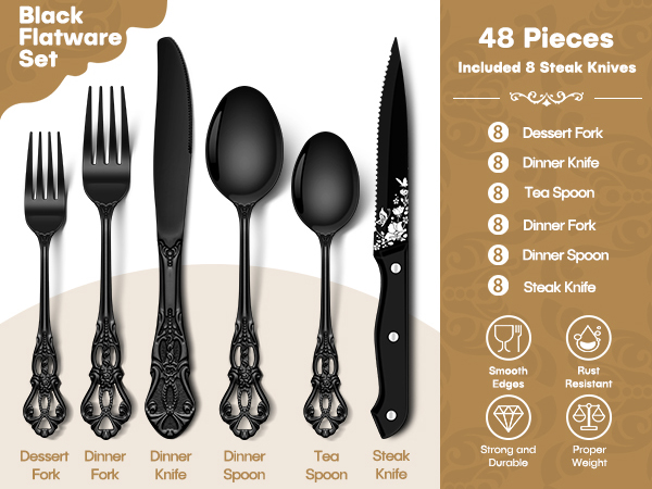 black silverware set for 8