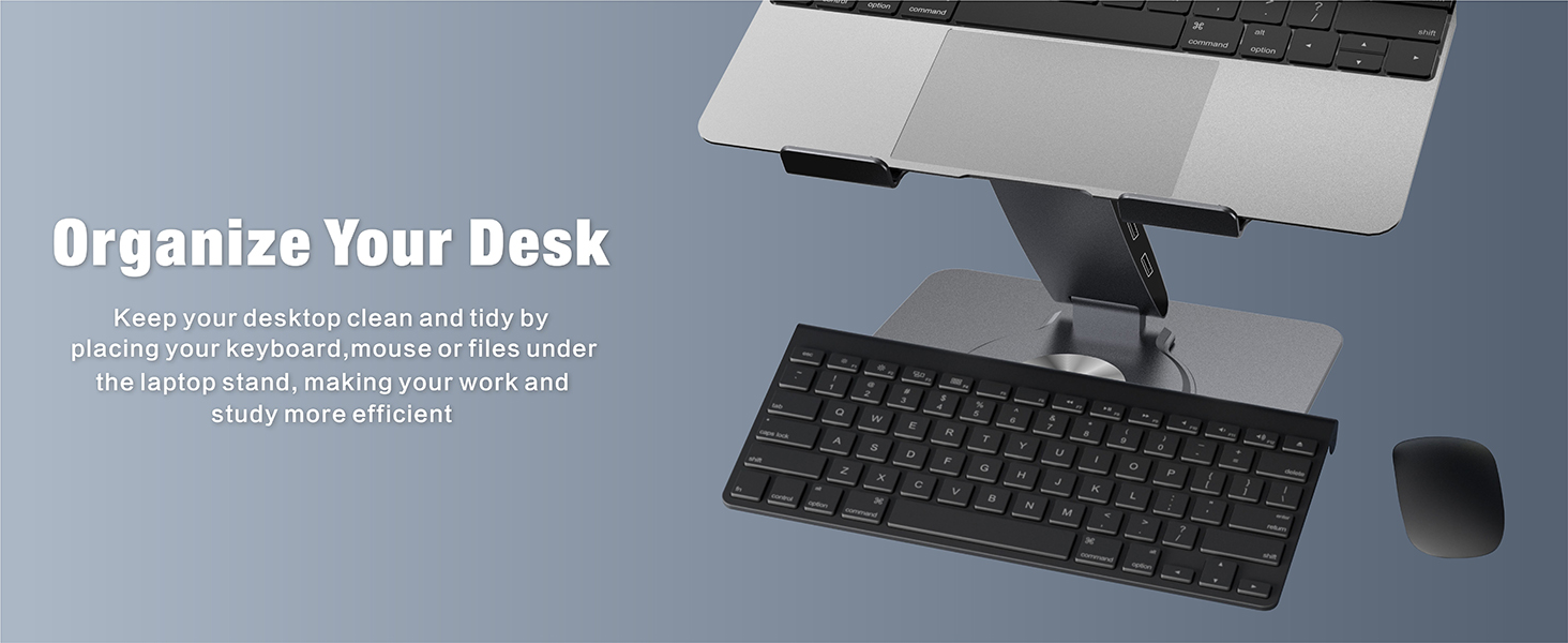 Sturdy laptop stand with storage for keyboard and mouse