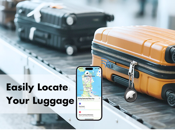 Smartphone displaying luggage tracking map app next to suitcases on conveyor belt. Text overlay: 'Easily Locate Your Luggage'. Orange and black hardshell luggage visible.