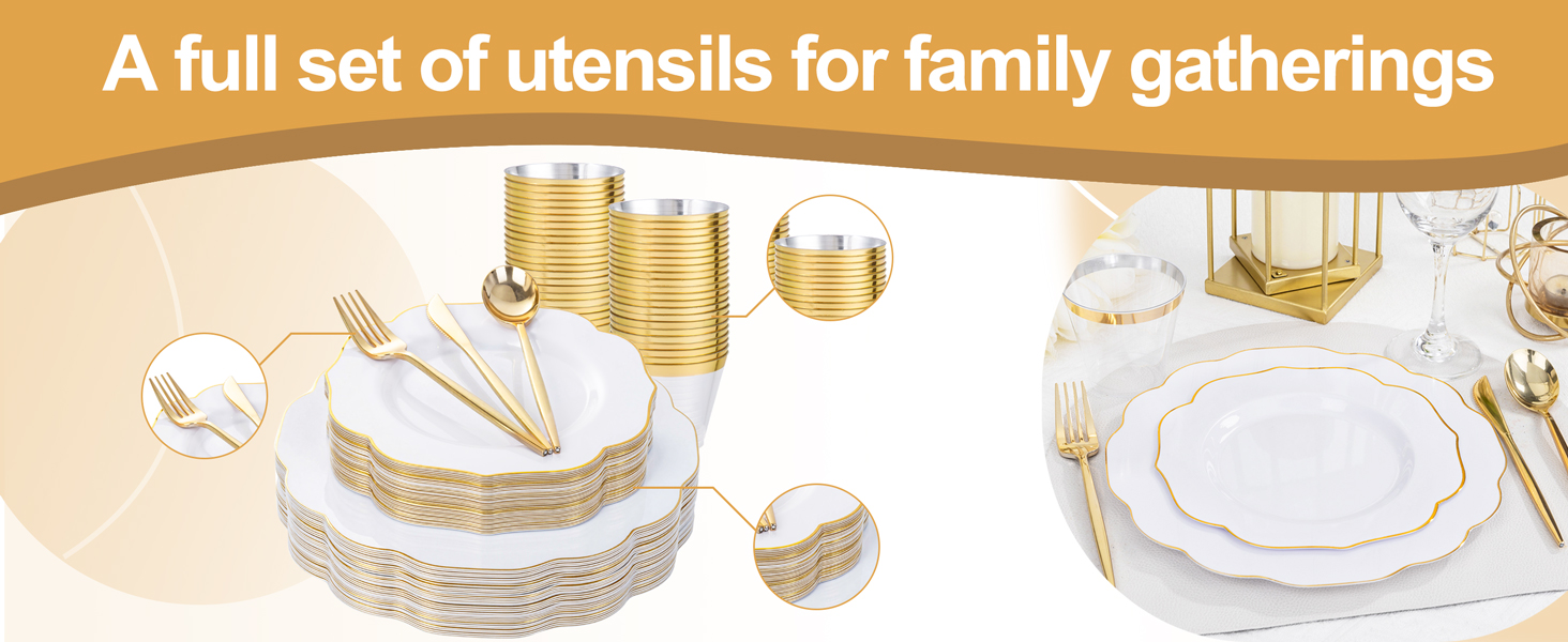 White and Gold Plastic Dinnerware Set