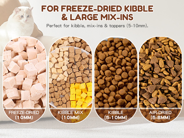 Pet feeder fits freeze-dried,air-dried, and kibble (5-10mm).