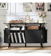 LELELINKY Large Round Record Player Stand with Charging Station &amp; Fluted Panel, Black Mid Century...