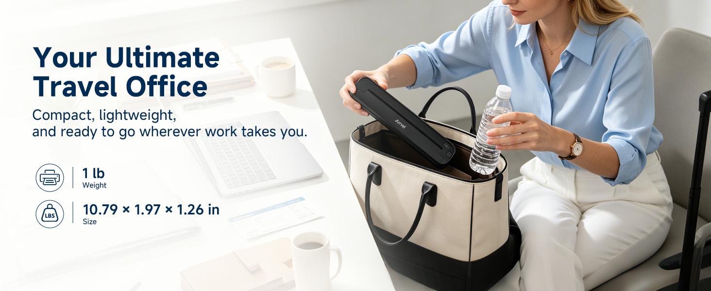 Woman carries the compact 1 lb ST80A travel printer beside a laptop, handbag, and water bottle