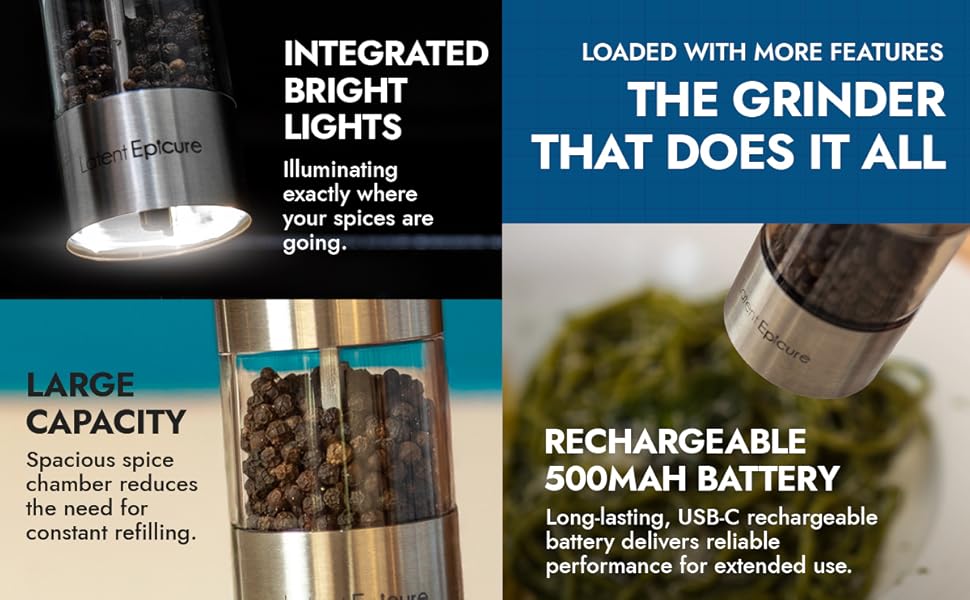 Latent Epicure grinder showing LED light, large spice chamber, USB-C battery, and sleek design