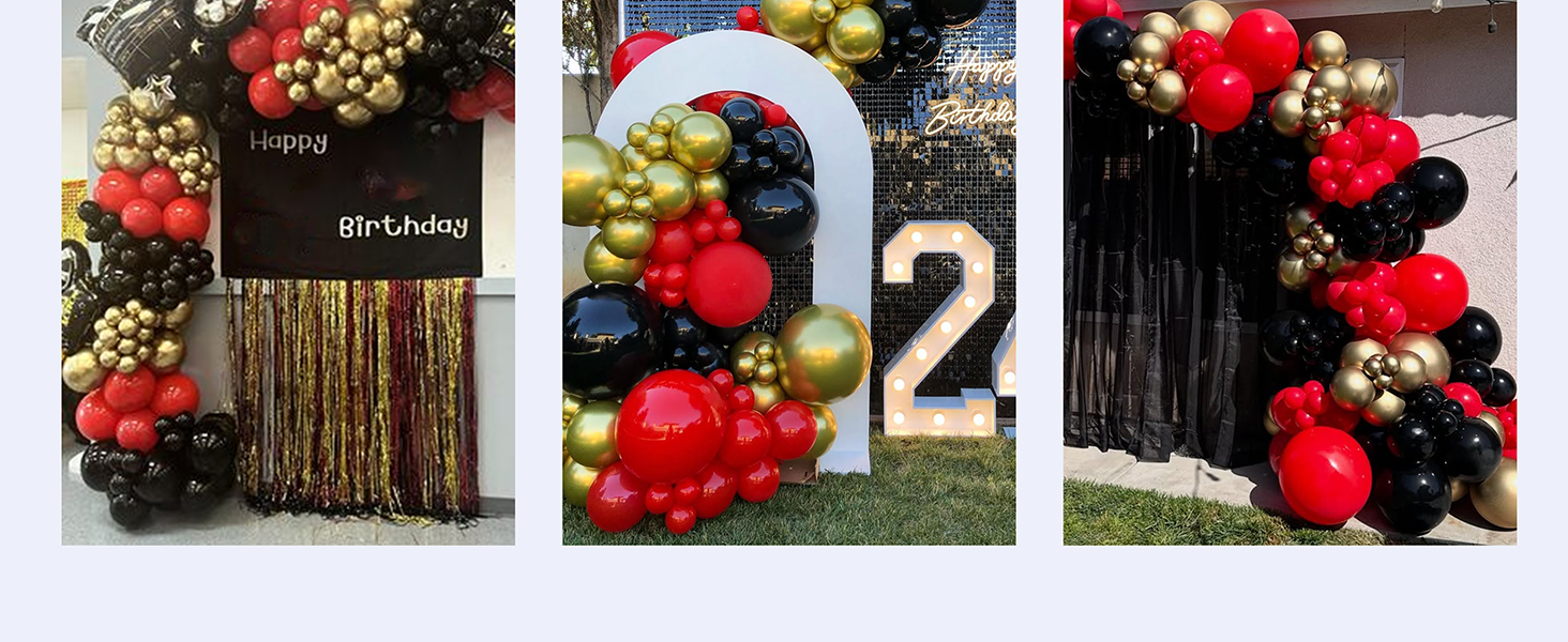 red black and gold balloons arch kit