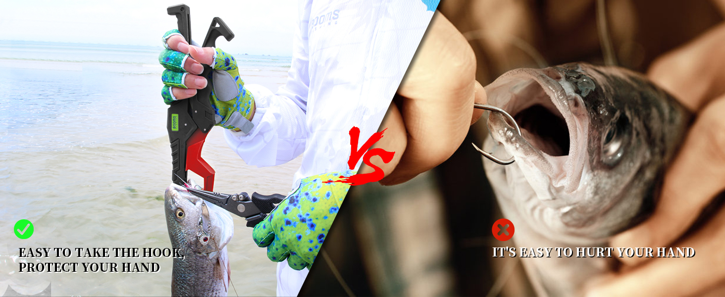 Split image: Left shows person in winter gear on snowy peak. Right shows close-up of small fish with open mouth.