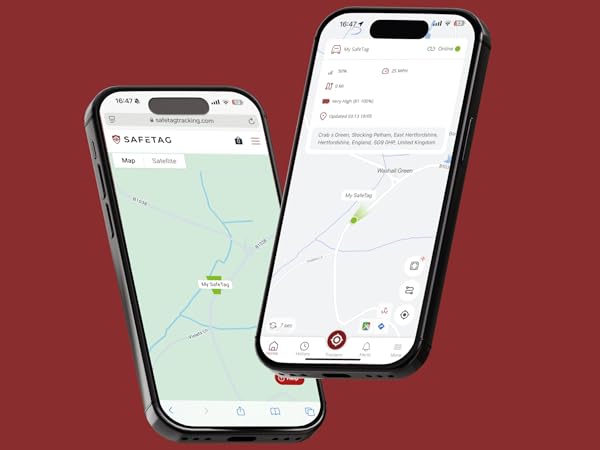 Two smartphones displaying map and navigation interfaces, showcasing route planning and location tracking features.
