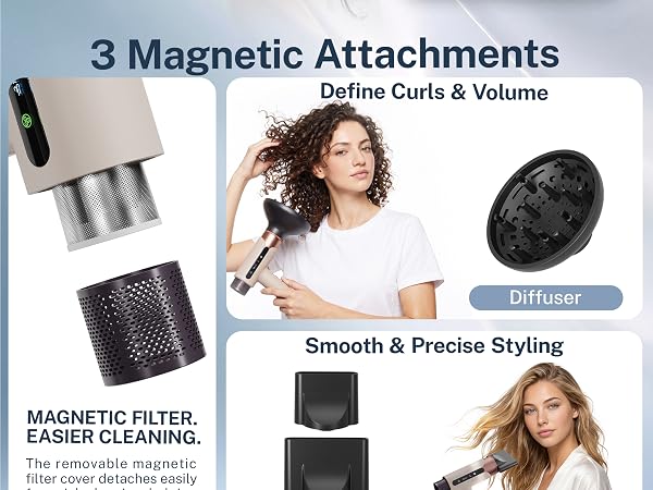 Hair dryer with diffuser, wide nozzle, precision concentrator and magnetic filter