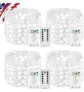 4 Pack White Fairy Lights Battery Operated with Remote, Waterproof 20FT 60LED Cuttable Twinkle Li...