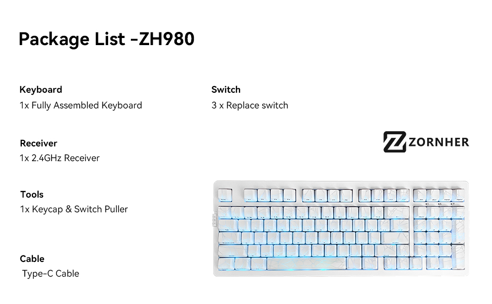 ZORNHER ZH980 Wireless Mechanical Gaming Keyboard,95% White Custom