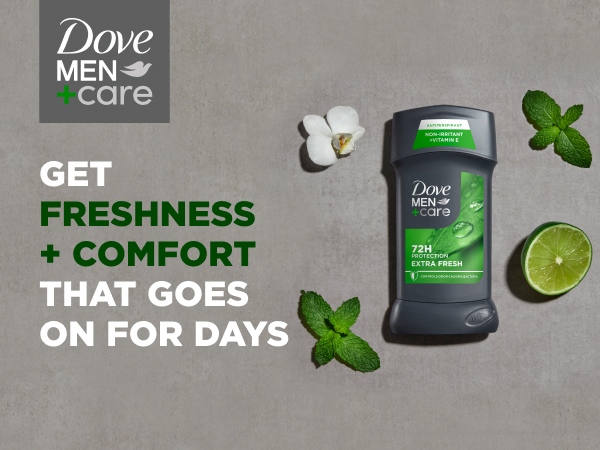 Image of Dove Men+Care Extra Fresh Deodorant Stick between lime, mint, white flower &amp; titles.