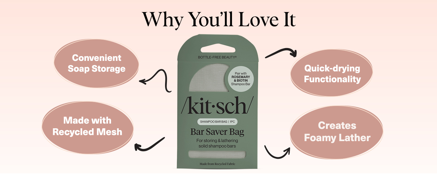 Kitsch Bar Soap Saver Bag - Recycled Mesh Beauty Bar Soap Pouch for Rosemary &amp;amp; Biotin Shampoo Bar