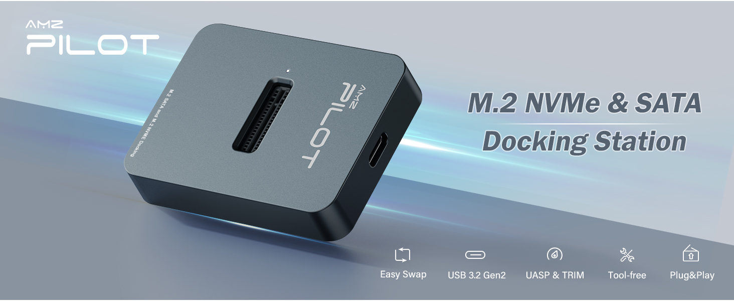 M.2 to USB adapter docking station for NVMe and SATA SSD data transfer and laptop upgrades.