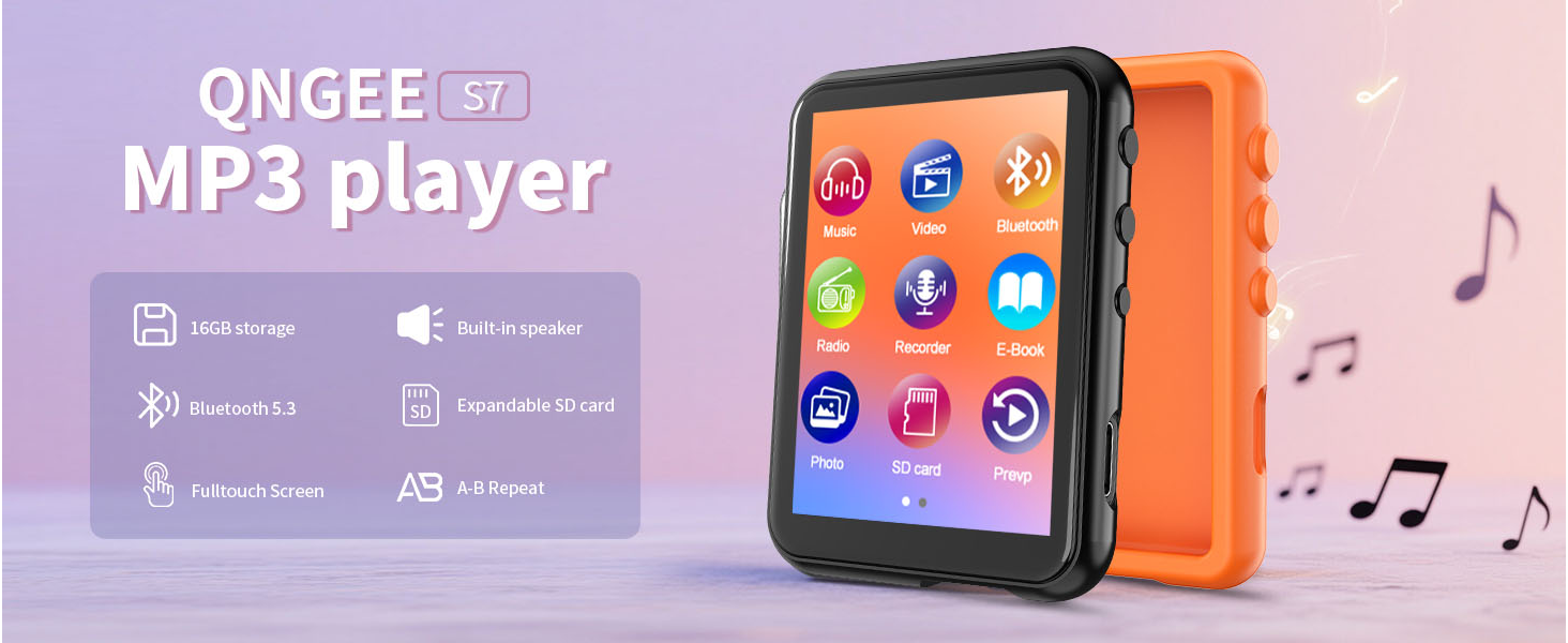 Text reads: 'MP3 player'. Series of interface screenshots showing music player controls with colorful icons and musical note symbols.