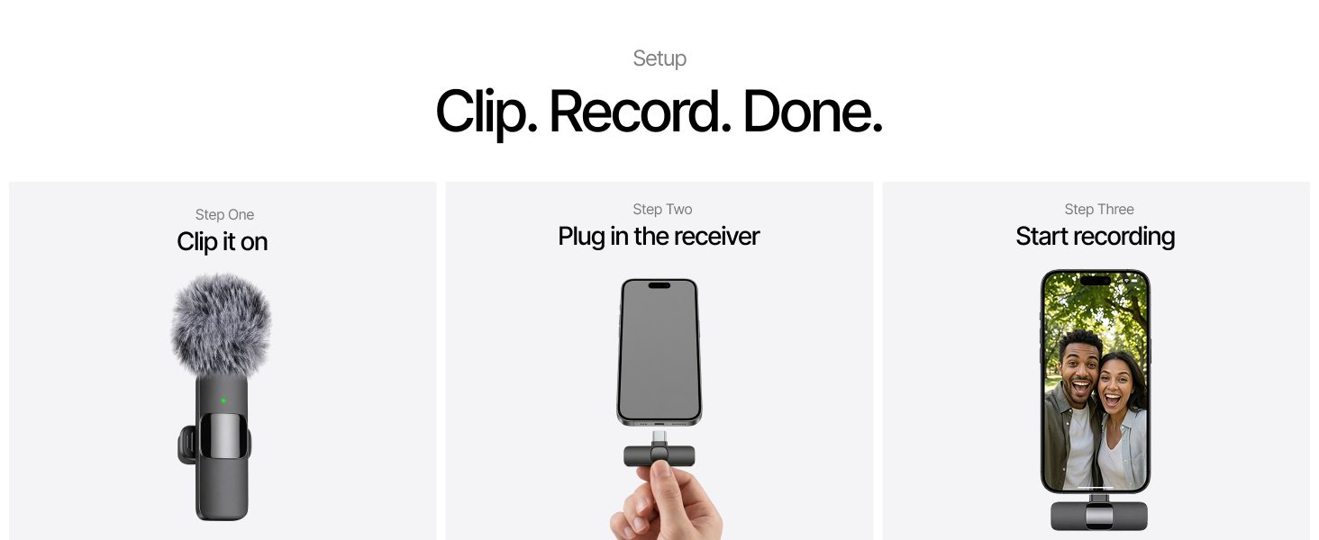desktop setup with mini mic clipped on shirt, usb-c receiver connected to computer, audio recording