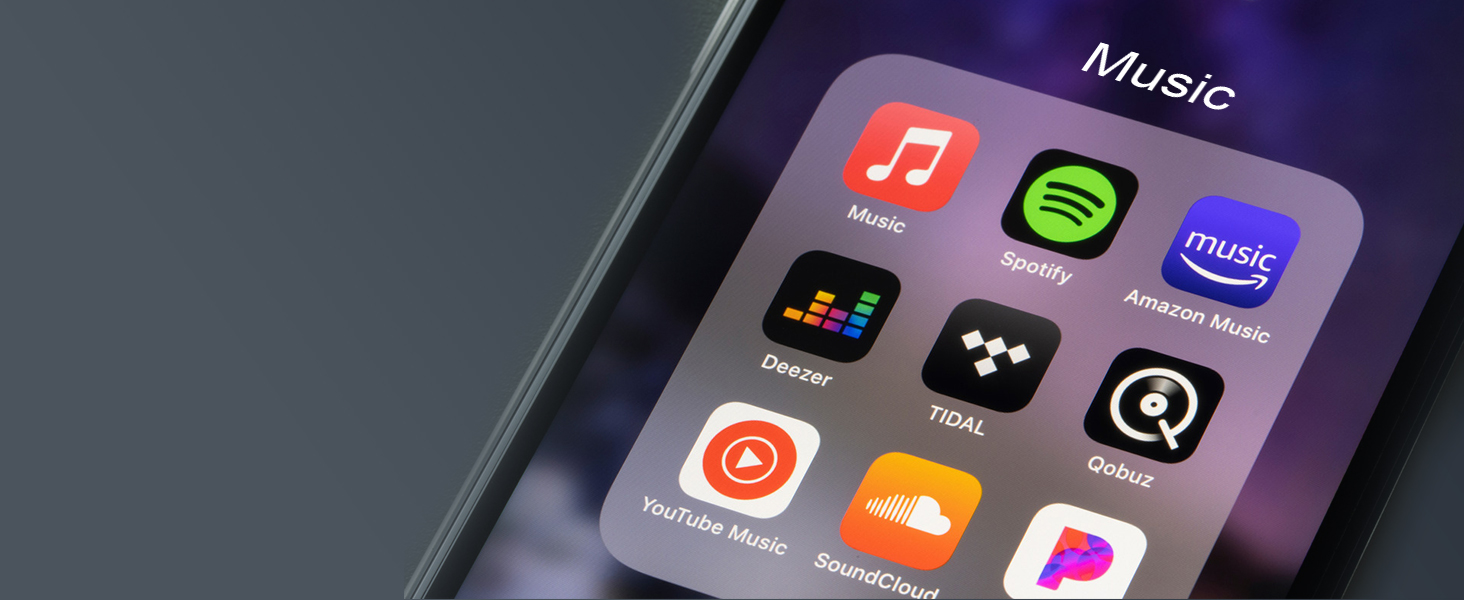 Text reads 'Music'. Smartphone screen displaying various app icons including Spotify, Music, and other media applications against dark background.