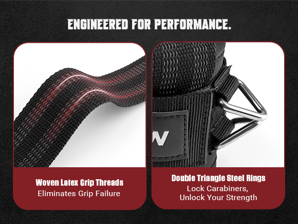 Close-up of performance features: non-slip woven latex threads and double triangle steel rings.