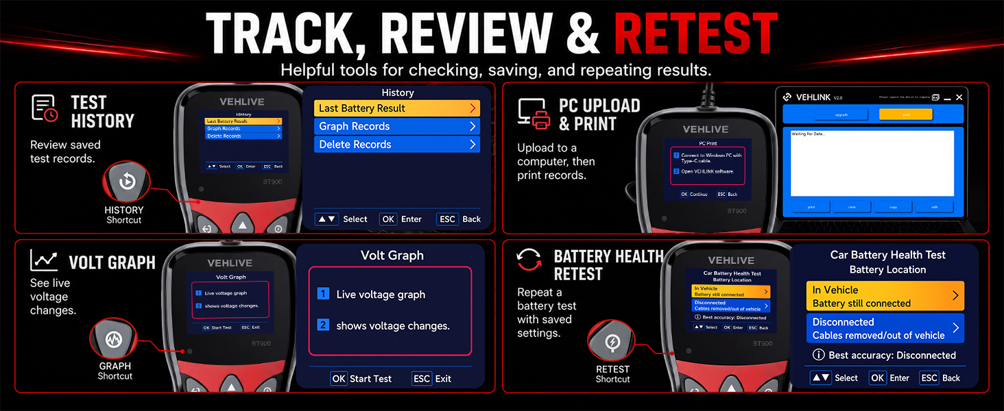 BT900 test history, retest and PC report features