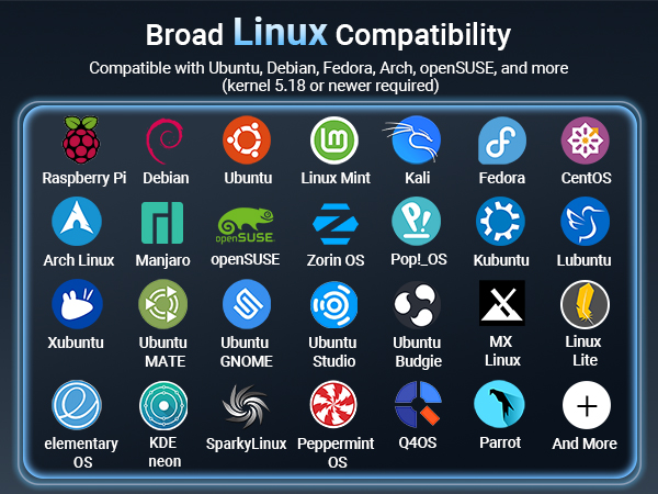 Logos of Linux Distros Supported by the Adapter Including Ubuntu Debian Fedora and More