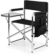 Heavy duty outdoor chair with side table cup holder and accessory pockets for tailgating camp.