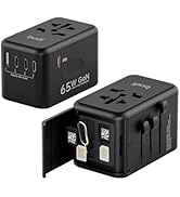 Universal Travel Adapter 65W GaN Global 6 in 1 Plug Adapter 5 Ports Output with Card Storage Fast...