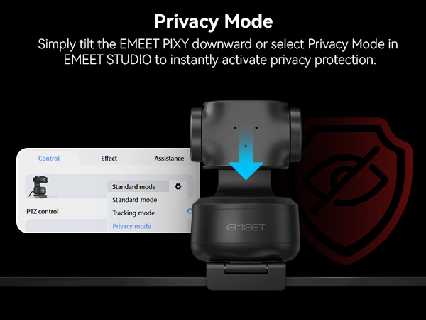 Black webcam device with privacy mode interface demonstration showing downward arrow and 'Privacy Mode' text overlay on dark background.