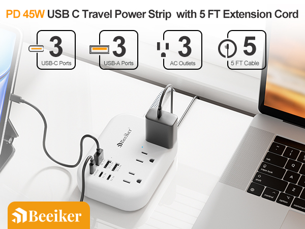 pd 45 w usb c travel power strip with 5ft extension cord