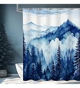 Litabel Navy Blue Misty Pine Forest Shower Curtain, Mountain Foggy Woodland Scenery Tree Shower C...