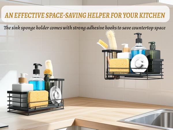 The sink sponge holder comes with strong adhesive hooks to save countertop space