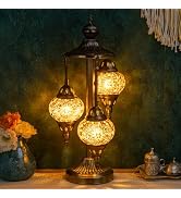 Marrakech Turkish Lamp 3 Globes Moroccan Table Lamp with Bronze Base, 23" Tall Handmade Yellow Ti...