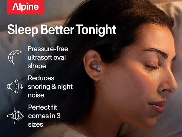 Woman sleeping with Alpine SleepDeep earplugs, pressure-free oval shape in three sizes