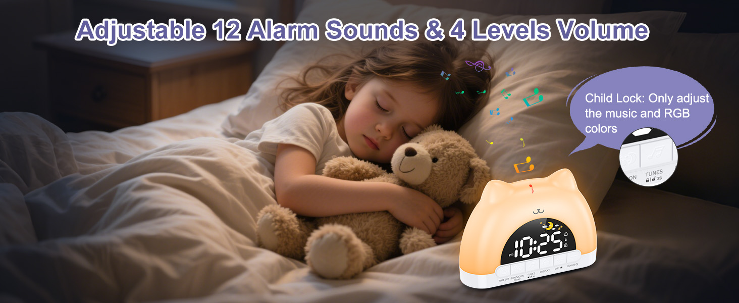 Digital alarm clock with soft light dome, displaying time. Features 12 alarm sounds and 4 volume levels. Shown next to sleeping child with teddy bear.