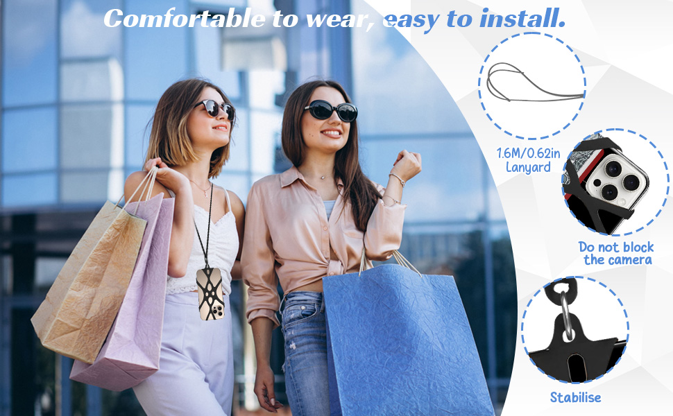 Product diagram showing installation instructions with icons for camera placement and wearing comfort features.