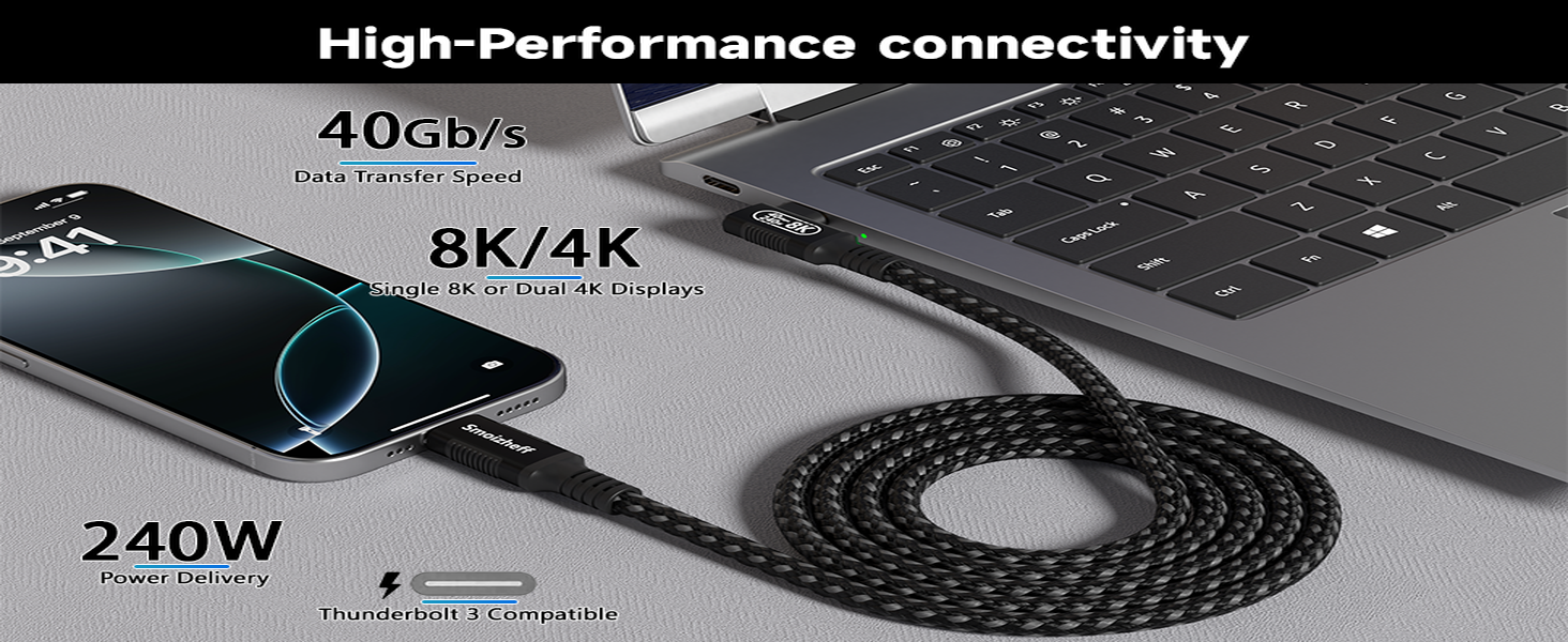 40Gbps data, 8K video, 240W charging—all in one braided Thunderbolt 4 cable.