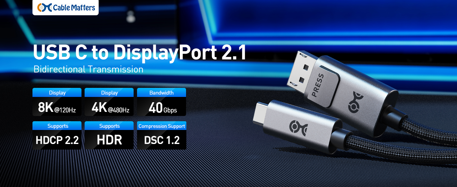 Cable Matters DisplayPort 2.1 to USB C bidirectional cable, DP40 UHBR10 40Gbps