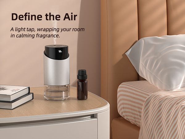 Text reads 'Define the Air'. Product advertisement showing an air purifier device in a minimalist beige interior setting.