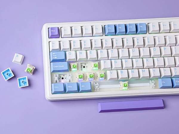 a keyboard with a blue and white keyboard and a dice.