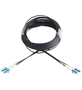 A long black fiber optic cable coiled in a circle. The cable has blue-tipped connectors on both ends, likely for data transmission or networking purposes.