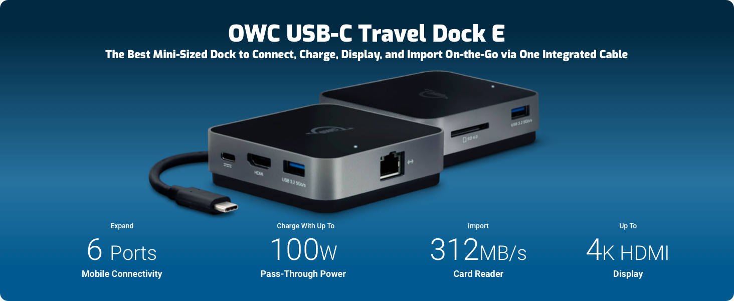 OWC USB-C Travel Dock E, 6 Port, Bus-Powered, USB Type-C 100W Pass Through, one 4K Display,