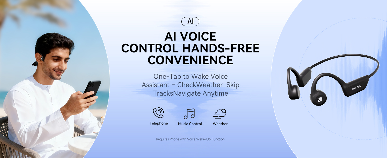 Text reads 'AI VOICE CONTROL HANDS-FREE'. Interface icons showing mobile connectivity features against blue circular background.