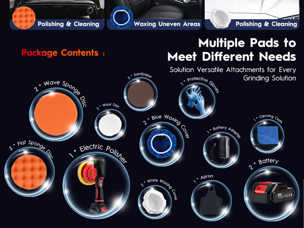 Multiple round interface icons or buttons in blue and orange, arranged in circular pattern. Text reads 'Package Contents' with various circular indicators below.
