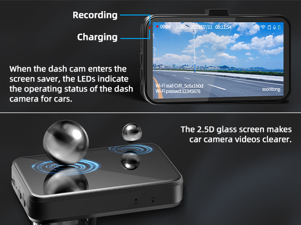 Dash cam with 2.5D glass screen displaying road view. Device features LED indicators for recording and charging status. Includes wireless connectivity symbol.