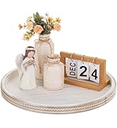 Hanobe Large Round Decorative Tray: 45cm White Coffee Table Beaded Tray Circle Rustic Big Wood Tr...